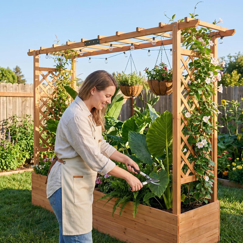 Lit de jardin surélevé en bois avec treillis arqué - pour légumes, herbes, fleurs | Patio extérieur, pelouse et cour arrière