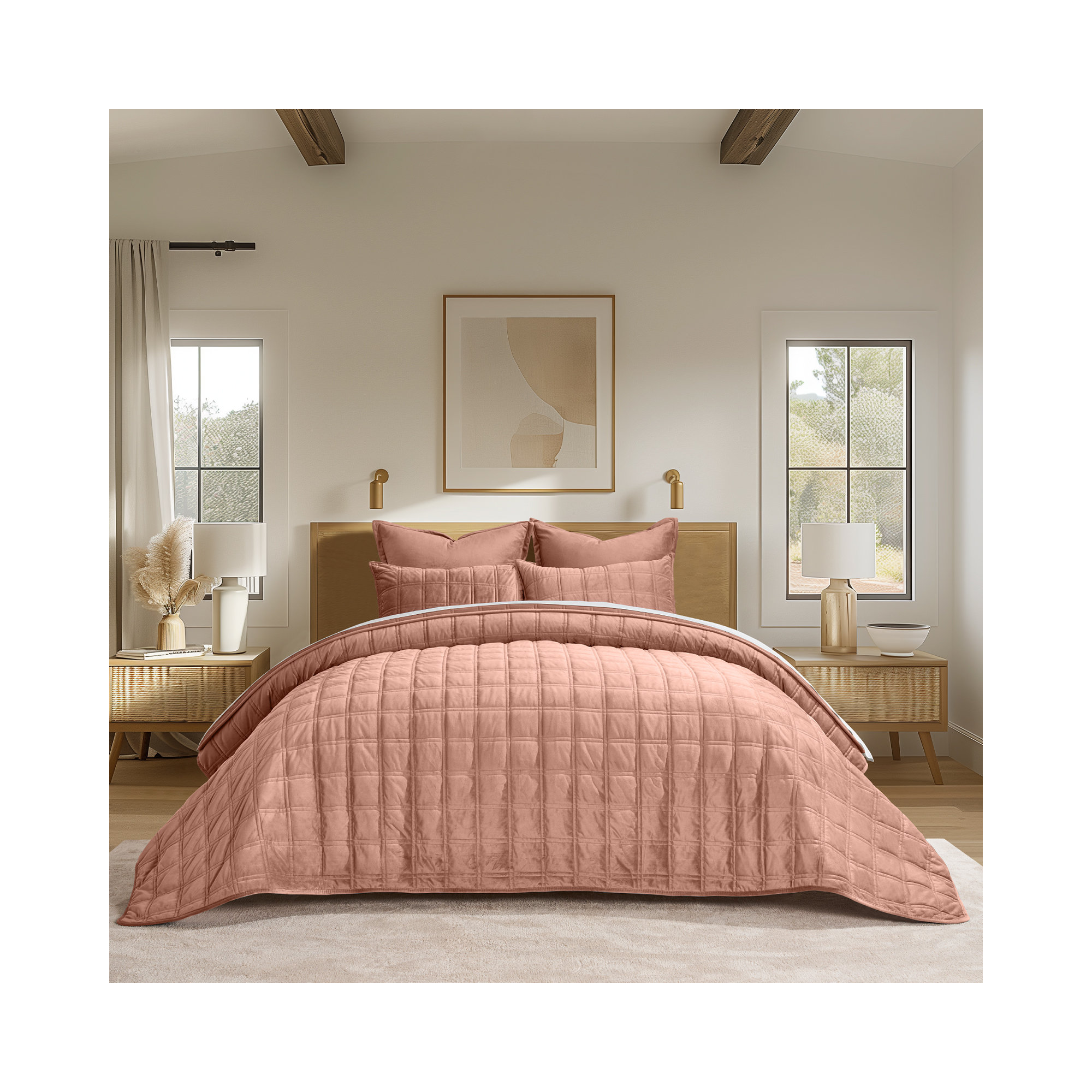 Double Box Stitch Velvet Quilt set, Clay, King Quilt + 2 King Shams