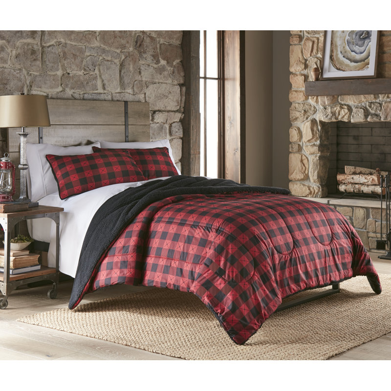 Ensemble d'édredon inversé en sherpa Micro Flannel®, Édredon pour très grand lit + 2 taies décorativ, Carreaux rouge Buffalo