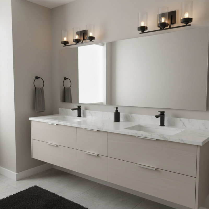 Éclairage pour meuble-lavabo 3 lumières à finition noire avec abat-jour en verre transparent