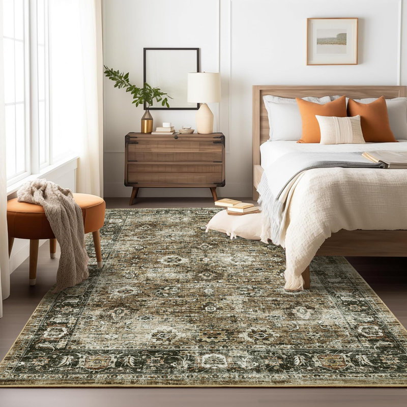 Oriental Machine Washable Rug with Rubber Backing Soft Area Rug Non Slip Thin Rug Low Pile Foldable Rug for Living Room, Bedroom, Dining Room