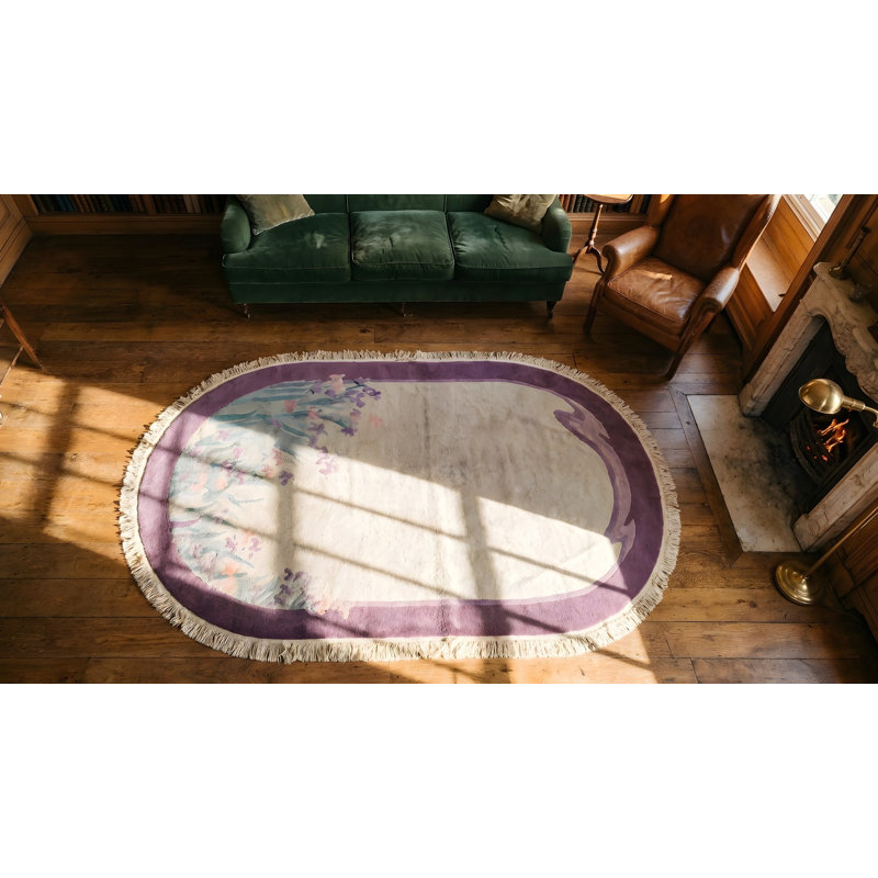Ivory Antique Open Field Chinese Art Deco Oval Shape Area Rug