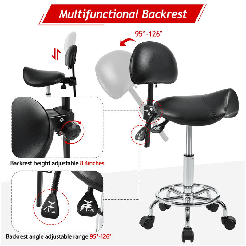 Saddle Stool with Back Support, Rolling Stools with Foot Rest, Ergonomic Adjustable Stool with Wheels, Backrest Adjustable Height & Angle for Salon Spa Tattoo Massage Office Swivel Stool Chair