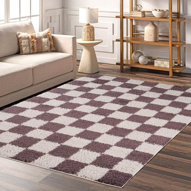 Chester Living Room Shaggy Area Rug Modern - Contemporary Checkered Design 30Mm Plush Pile Jute Backing Soft Woven Carpet -Hallway Indoor Rug, Lilac