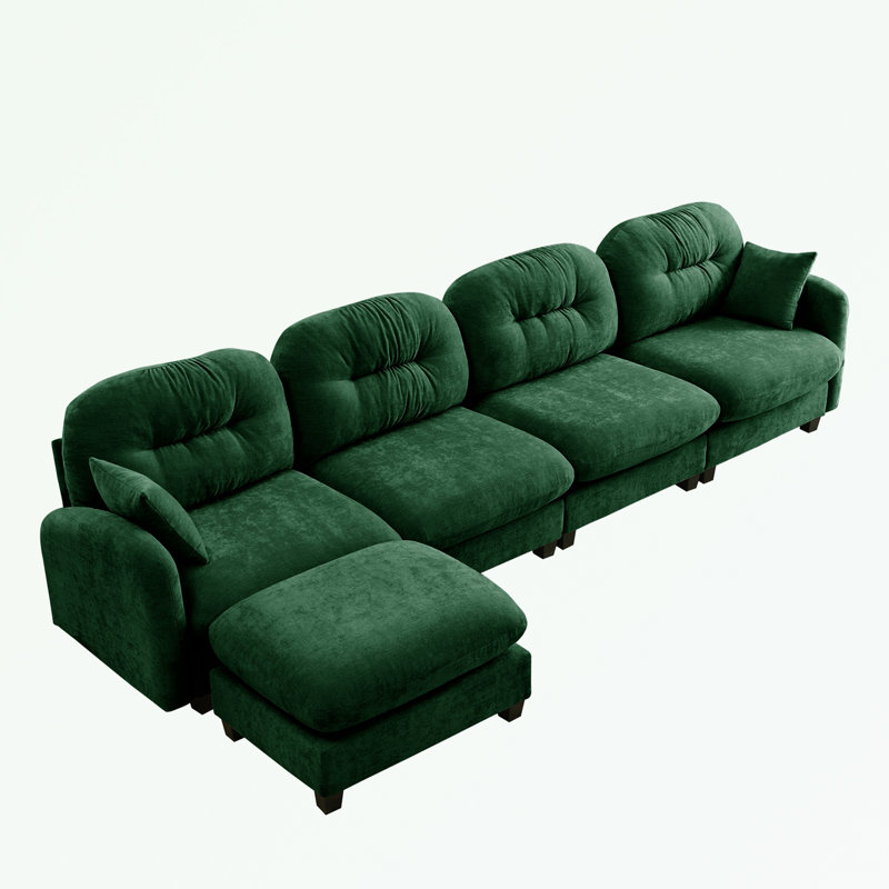 L Shaped Sectional Couch With Ottoman and soft cushion, Green Chenille