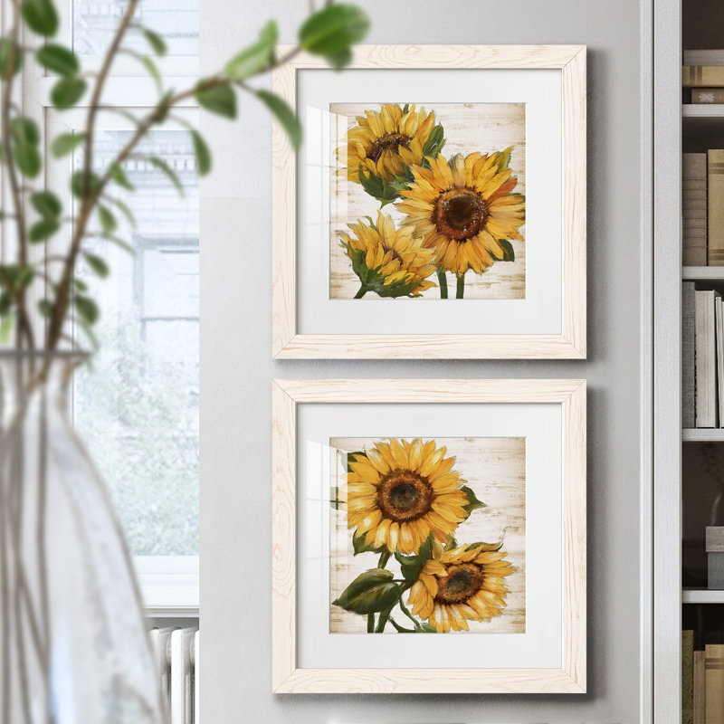 Tournesol d'été I - ensemble de 2 peintures, Papier dans un cadre photo, H 35,5 po x l 71 po, Blanc