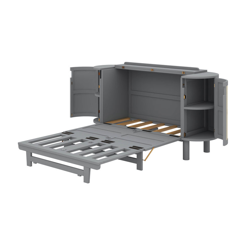 Lit escamotable double avec rangement caché et conception tissée moderne, Gris