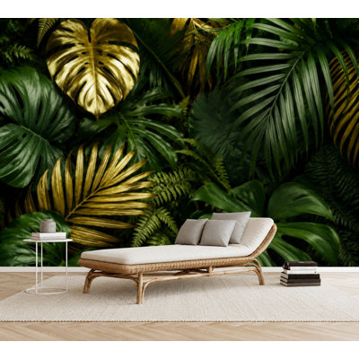 Wall Mural Peel and Stick Wallpaper Creative nature Gold green tropical palm leaves Self-Adhesive Removable Contact Paper Wall Decor for Living Room Bedroom 69"H x 96"W