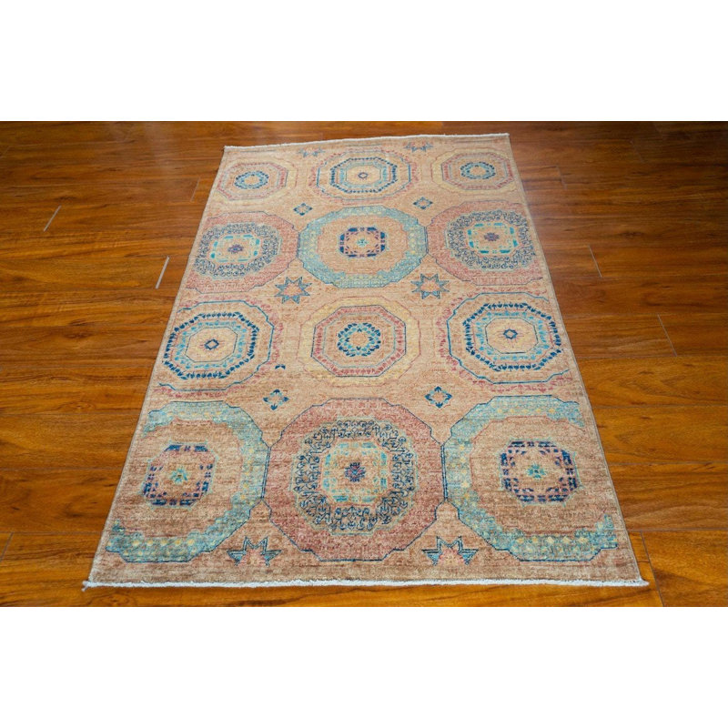 Tapis en laine noué à la main à motif géométrique ton de terre (3 pi 3 po x 5 pi)