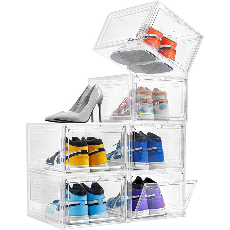 Shoe Box,Set of 6,Stackable Plastic Shoe Box with Clear Magnetic Door, Shoe Storage Box Clear Shoe Box Drop Front Display Sneakers,Easy Assembly,Fit up to US Size 12(13.4”x 10.6”x 7.4”)