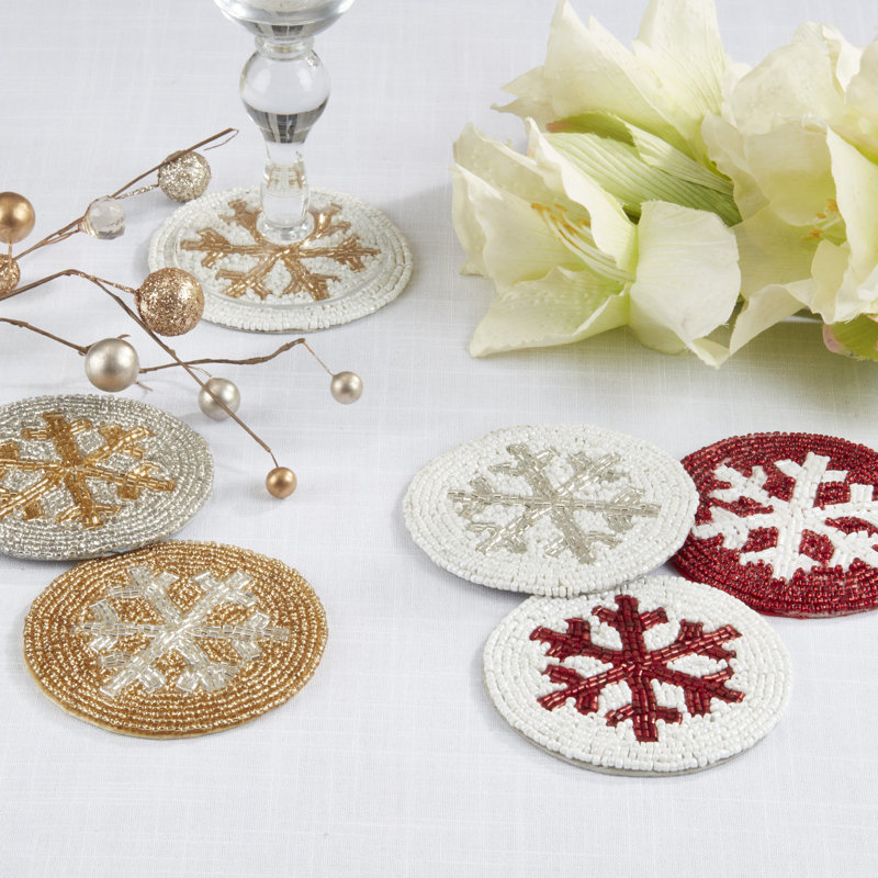 Sous-verre Snowflake Sparkle Beaded (ensemble de 4), Blanc / Rouge