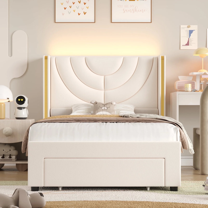 🧸 Kids Bed with LED Lights & Storage, Velvet Upholstered Wingback Platform Bed Frame, Noise-Free, Twin Size, Twin, Cream