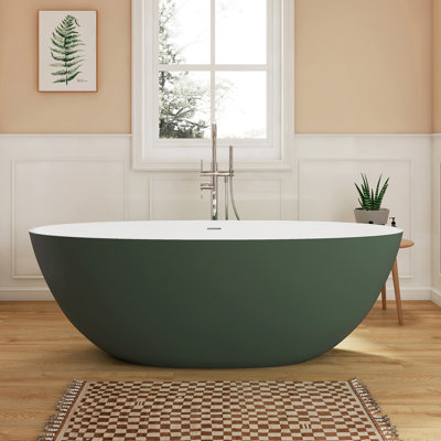 Fslefay 65'' Freestanding Bathtub Solid Surface Stone Resin Free Standing Soaking Tub with Overflow and Pop-up Drain, Green