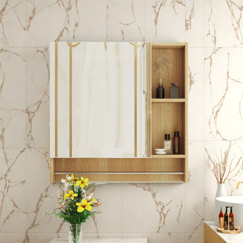 Wall-Mounted Bathroom Mirror Cabinet with Shelves and Towel Rack