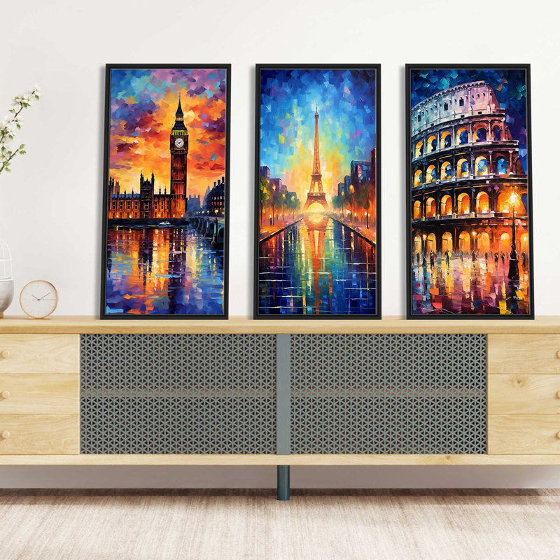 «Big Ben» de Londres, Tour Eiffel de Paris et Colisée de Rome au crépuscule, encadrée sur toile 3 pièces par V2 Design Co., peinture