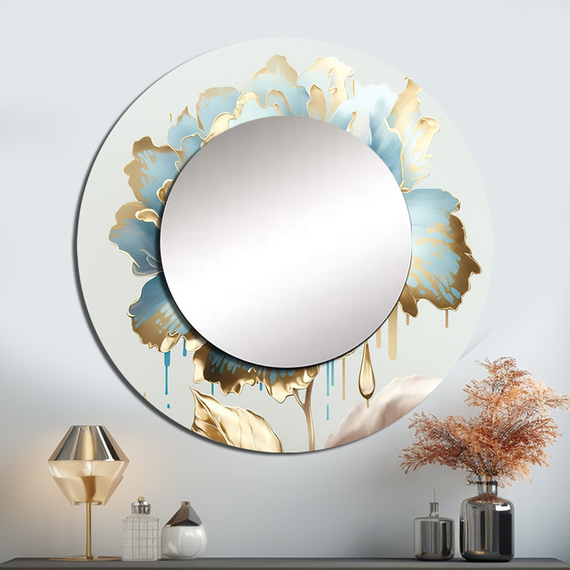 Quinnell Chic Blue Blooming Flower III - grand miroir de fleurs, décor de miroir mural rond bleu unique, impression d'art en métal