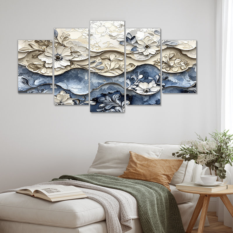 «White and Blue Floral Abstract Tiles I - Abstract Modern Waves», ensemble de reproduction d'art mural