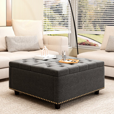 Dark Grey Oversized Square Storage Bench, Skin - Cotton Linen, Mid Century Modern Design, Spacious For Books, Solid Wood Base ,