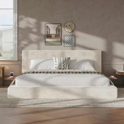AirFrame King Bed Frame, 8.7'' Cloud Upholstered Cushion with Adjustable Sliding Side Table, Off-White