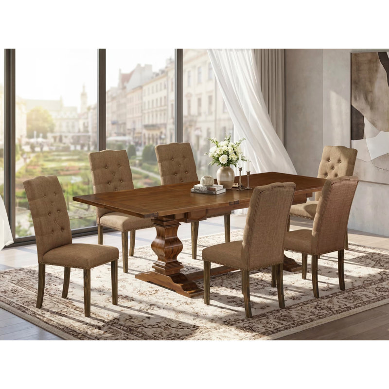Ensemble de table de salle à manger 9 pièces comprenant une table de cuisine rectangulaire avec rallonge amovible et 8 chaises rembourrées en tissu brun, noyer antique