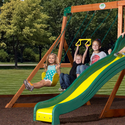 Backyard Discovery Tanglewood Cedar Wood Swing Set with Wave Slide, Clubhouse, Playhouse, and Covered Snack Bar