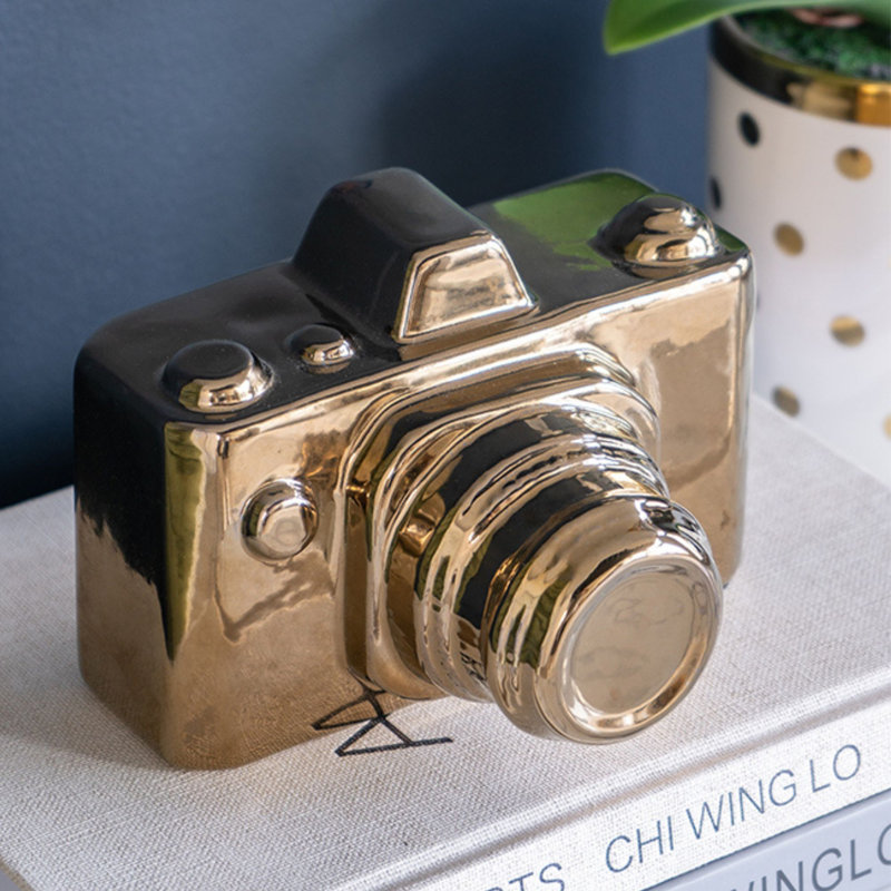 Amoreta Handmade Ceramic Camera Figurines & Sculptures, Distressed Gold