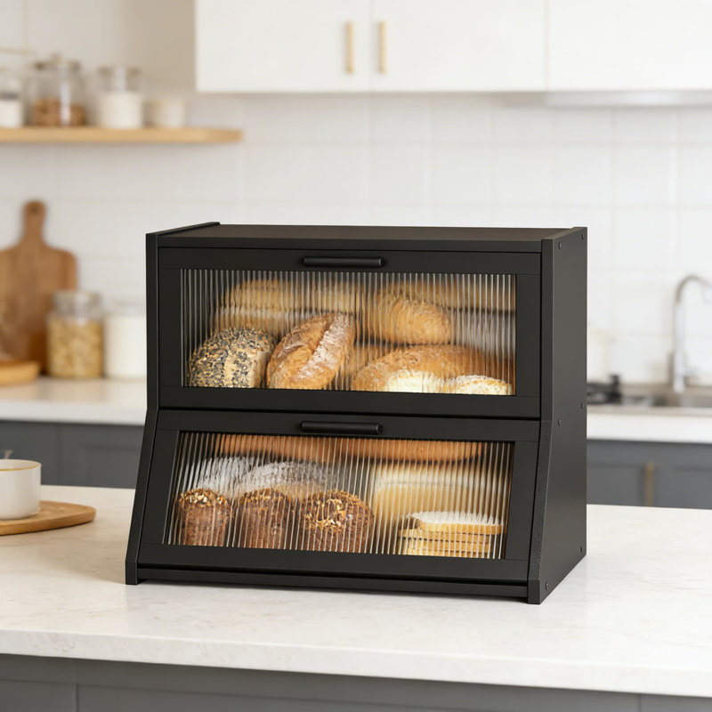 Boîte à pain en bambou à double couche avec porte ondulée en acrylique, récipient de rangement de comptoir de cuisine de grande capacité pour le pain et les produits de boulangerie