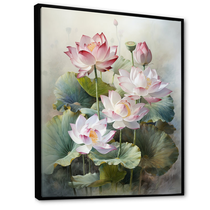 Lotus Exquis Bouquet I sur toile, Cadre flottant noir, 20" H x 12" W