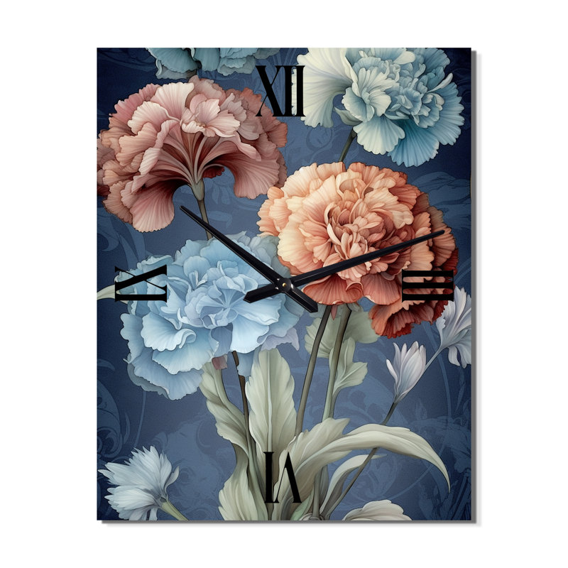 Corail bleu œillets Harmony II - très grandes horloges murales florales, Très grand