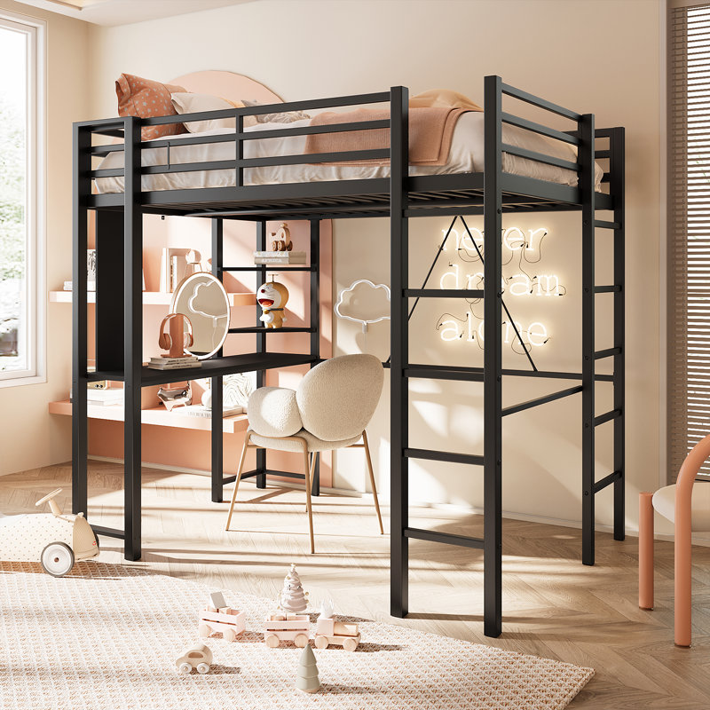 Loft Bed with Desk and Bookcases, Black, Full