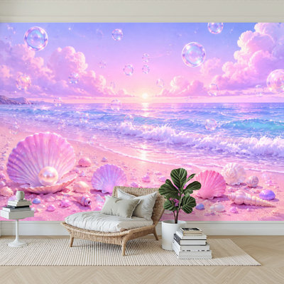 Papier peint adhésif peler et coller Pastel Pink Beach Seashells Starfish Floating Bubbles Sunset