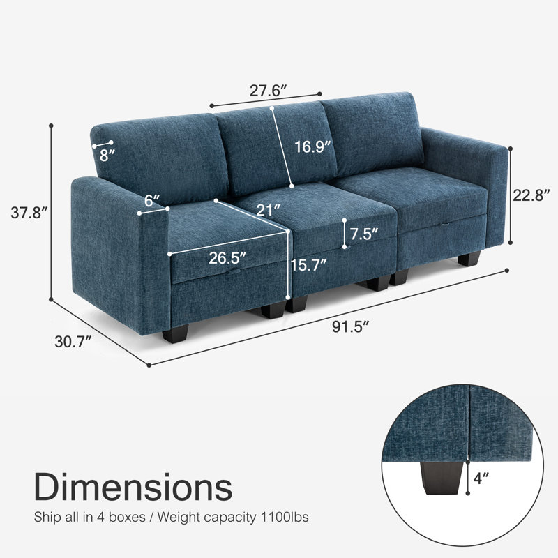 Canapé modulaire à accoudoirs carrés, Chenille bleu