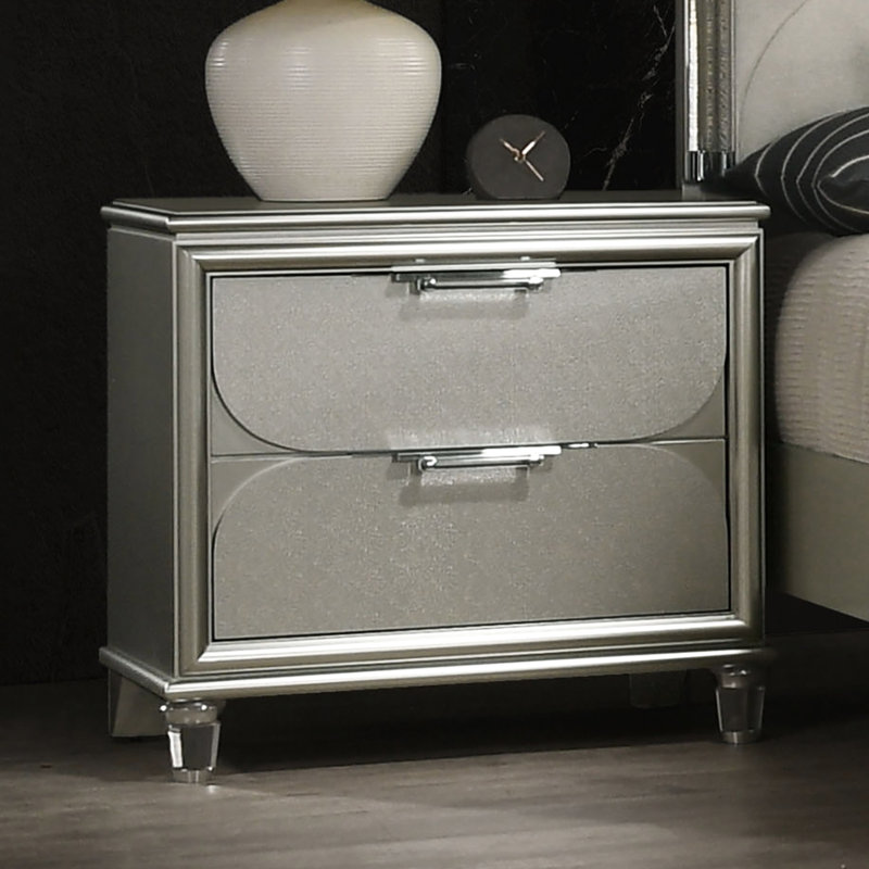 Argent, 2 tiroirs, table de chevet, panneaux, anglais, tiroir doublé de feutre, pieds avant en acrylique pour chambre à coucher urbaine,