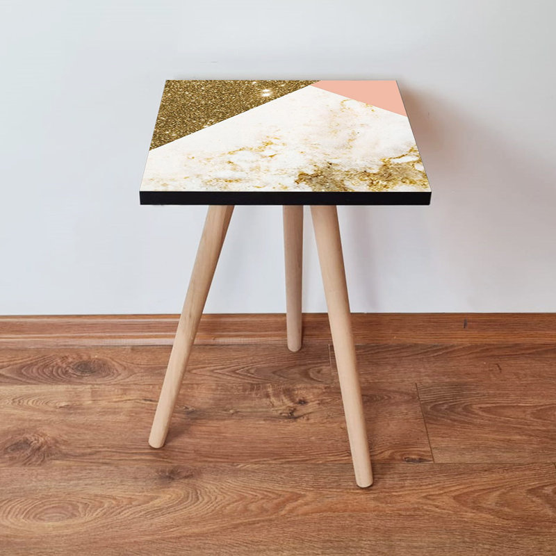 Elegant Side Table, Gold & White with Salmon Accents, 13.8 x 16.5 x 13.8 inches | 100% MDF Top with 0.7-inch Thickness, Beech Wood Legs | Abstract Geometric Design, Perfect for Living Room & Modern Décor