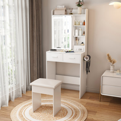 White Dresser Table Desk Makeup Vanity with Adjustable LED Mirror Built in Outlets Stool 53.74"H x 14.17"D x 23.62"W
