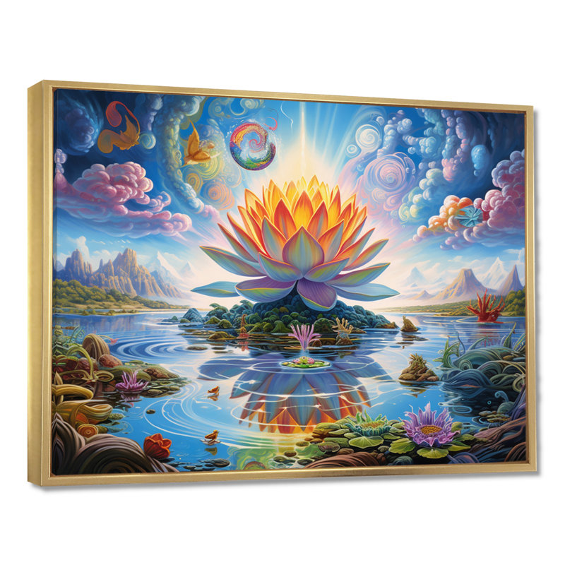 Lotus majestueux pastel - paysage abstrait, art mural, Cadre flottant doré, H 30 po x l 40 po