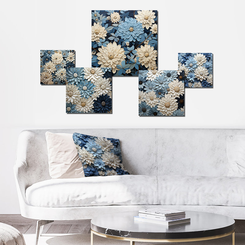 Ensemble de 5 décorations murales blanches et bleues Zinnias Bounty - Zinnias