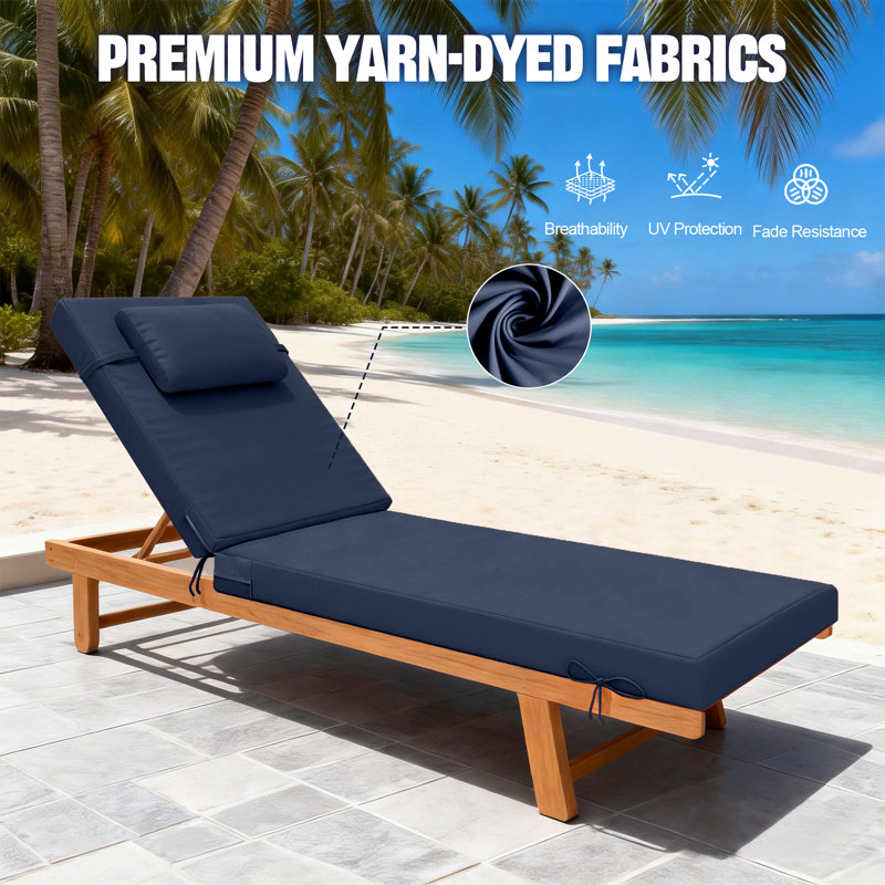 Fade Resistant Outdoor Chaise Lounge Cushions Set Of 2 For Pool, Patio, Lawn And Beach, Patio Lounger Cushion With 6 Pairs Of Securing Straps，Navy Blue