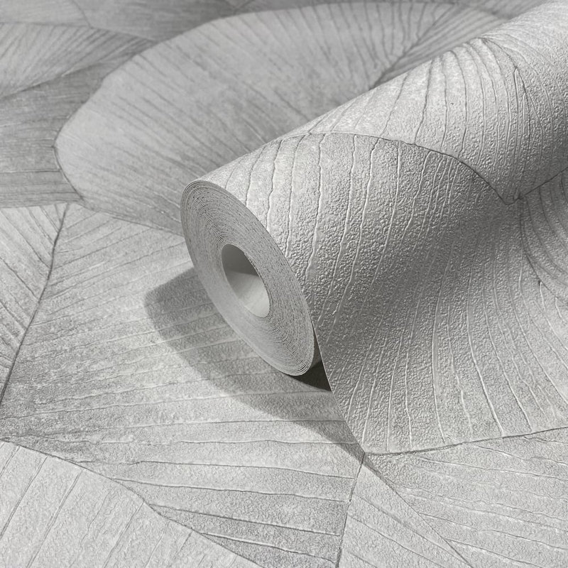 Kumano 3D Embossed Palm Leaf Wallpaper Roll, Gray