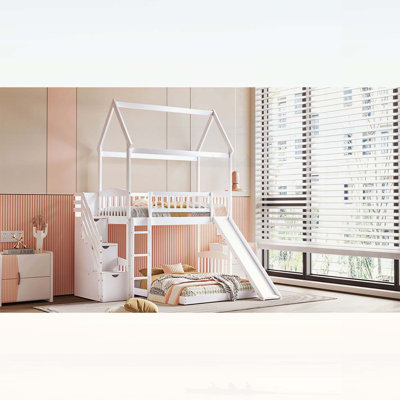 Twin Over Full Bunk Bed with Slide and Storage, Space-Saving Design for Kids' Rooms and Play Areas