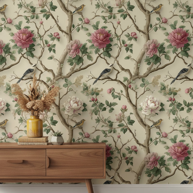 Papier peint floral, oiseaux, décoration murale traditionnelle amovible