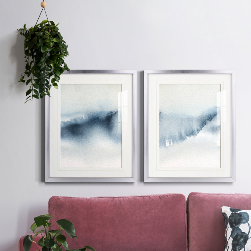 «Summer Rain I», ensemble de 2, art mural mat et encadré sous verre, Papier avec cadre argenté, Blanc mat