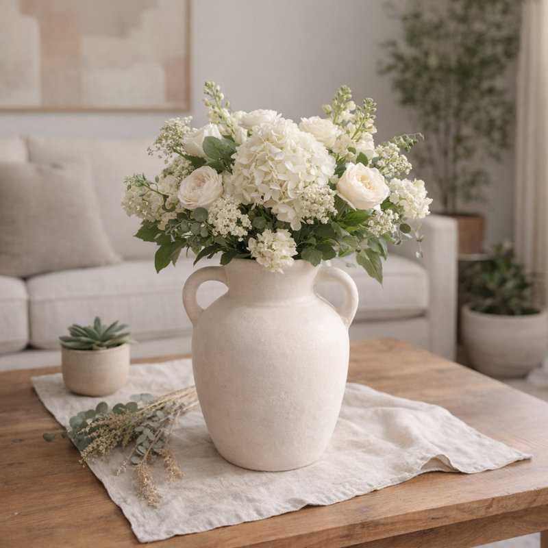 Kenith Handcrafted Amphora Table Vase, Ivory/Solid Color, 9"