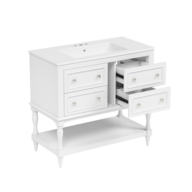 Meuble-lavabo 36 po avec lavabo supérieur et tablette ouverte, armoire de rangement avec 4 tiroirs, Blanc