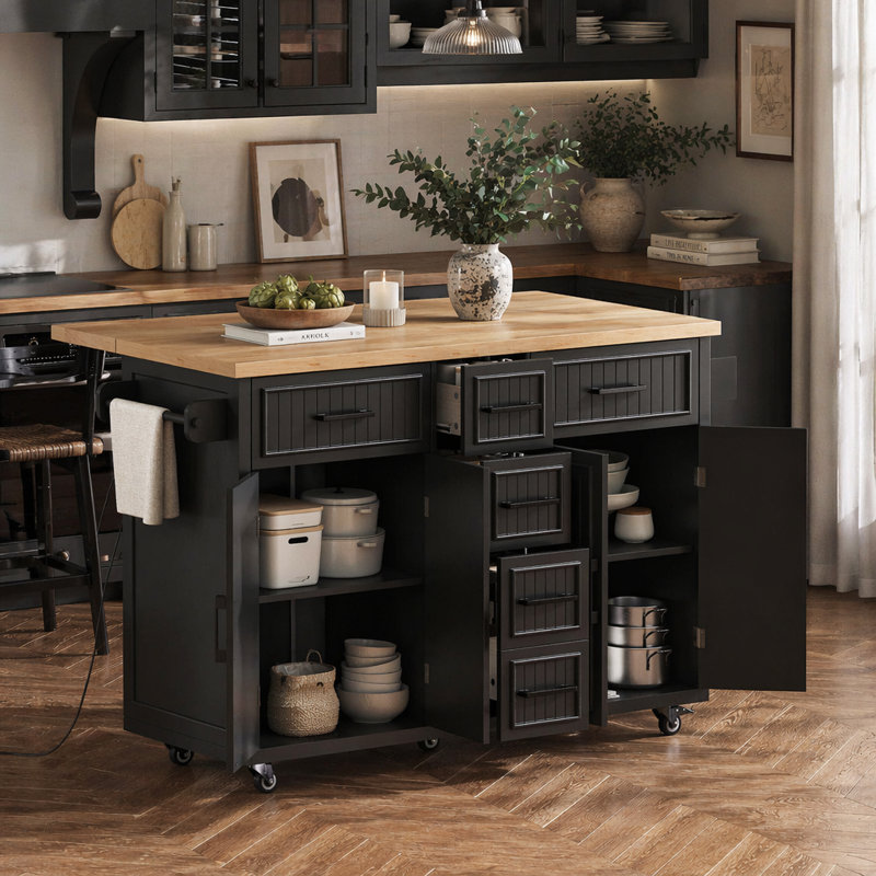 56.5'' Kitchen Island With Drop Leaf, Black