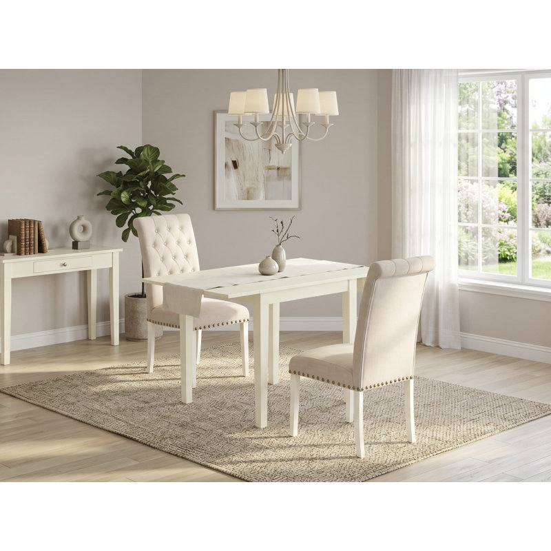 L'ensemble de table de salle à manger 3 pièces contient une table de salle à manger rectangulaire avec Dropleaf et 2 chaises rembourrées en tissu de lin brun, chêne