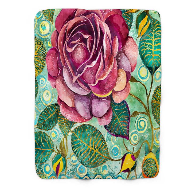 Motif Groovy - 1 pièce Sherpa Premium, Grand lit, Rose foncé / vert / jaune floral