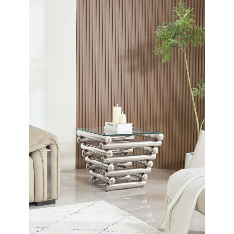 24" Square Modern Stainless Steel End Table, Silver