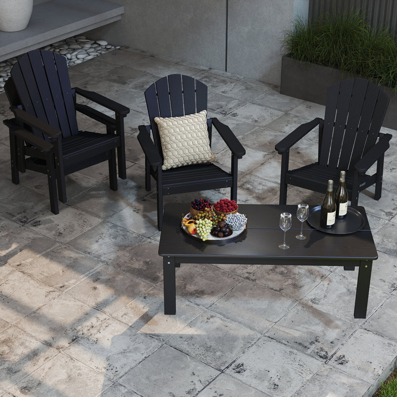 5-piece Hdpe Adirondack Patio Furniture Set - 4 Stackable Chairs & 1 Large Side Table, All-weather, Uv Resistant, Black