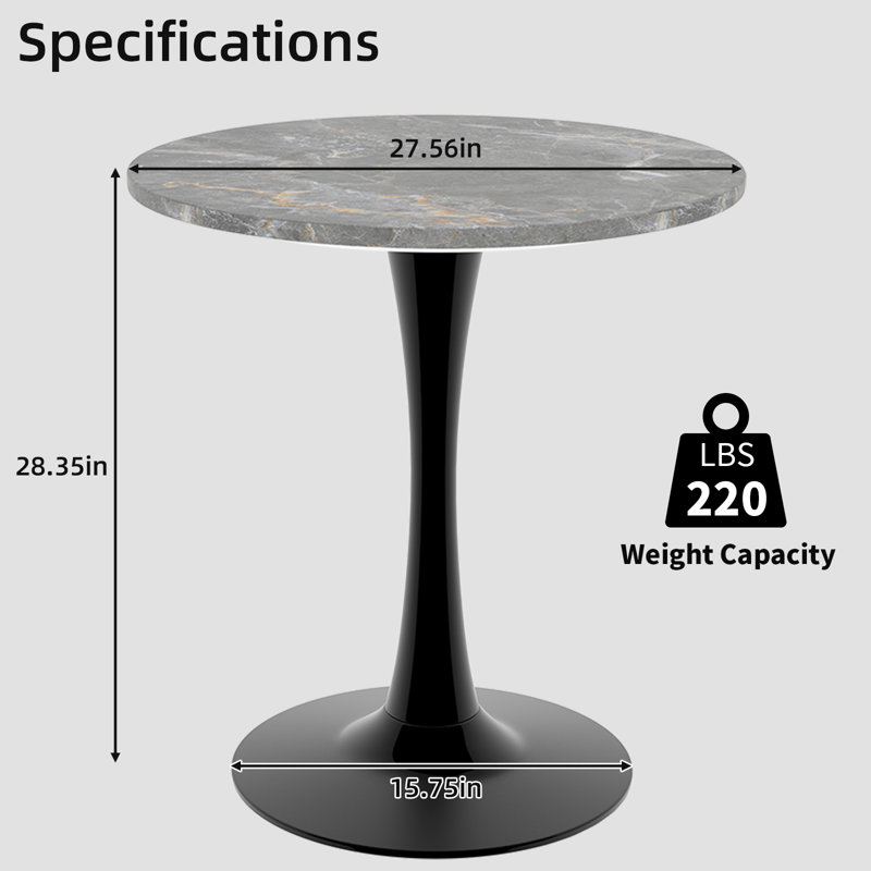 Table basse 27,6 pouces Mid-Century moderne avec plateau en marbre texturé gris foncé et base en fer noir, Gris